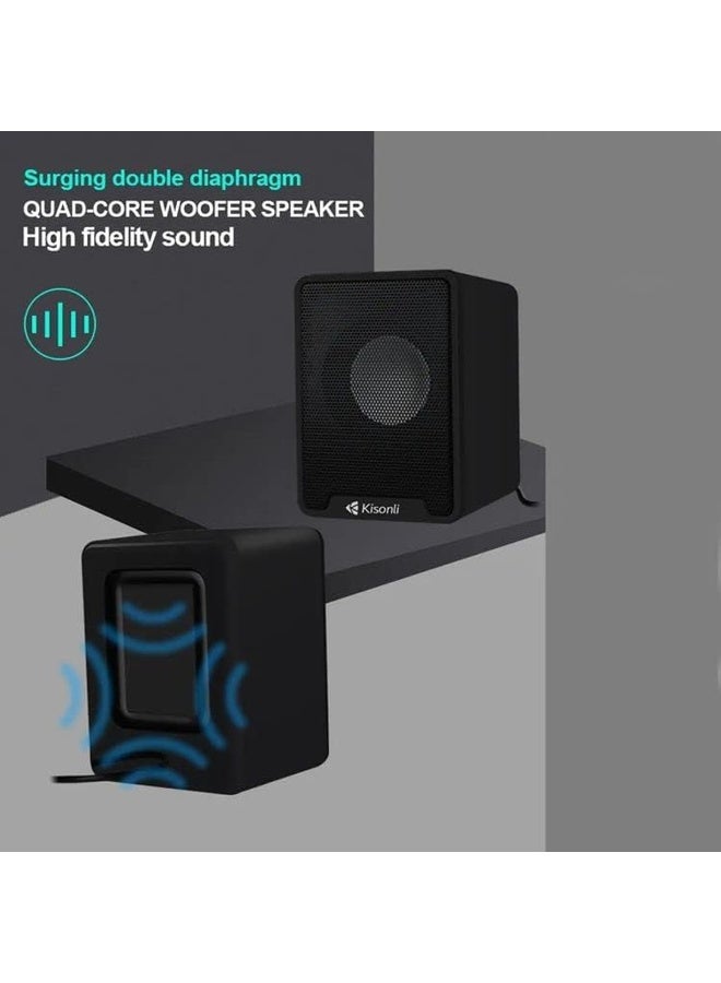 كيسونلي مكبر صوت Kisonli  K100 USB 2.0 متعدد الوسائط لأجهزة الكمبيوتر المحمولة والمكتبية - نظام صوت ستيريو ثنائي القنوات مع مدخل AUX 3.5 ملم، صوت جهير قوي، تصميم صغير الحجم للكمبيوتر والتلفزيون والهاتف المحمول - Image 5